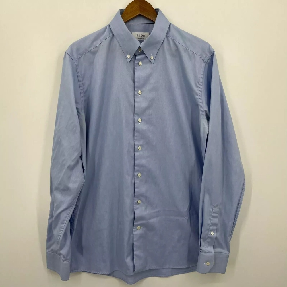 Eton Contemporary Long Sleeve Button Shirt Men's Size 44 Blue Solid 100% Cotton